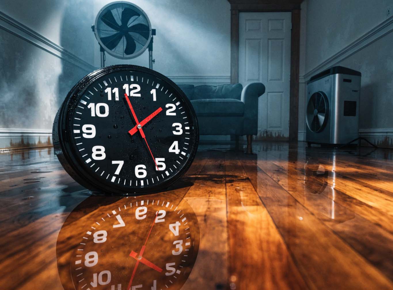 A large clock on a wet hardwood floor with drying fans in the background
