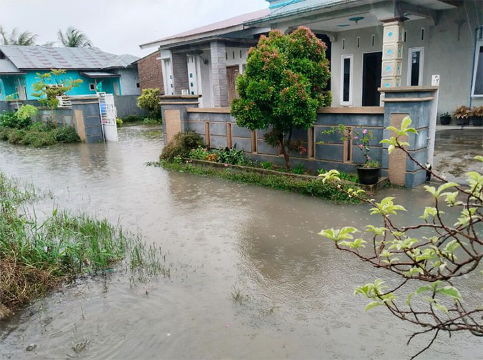 Single-story houses with their yard and street covered in brown floodwater